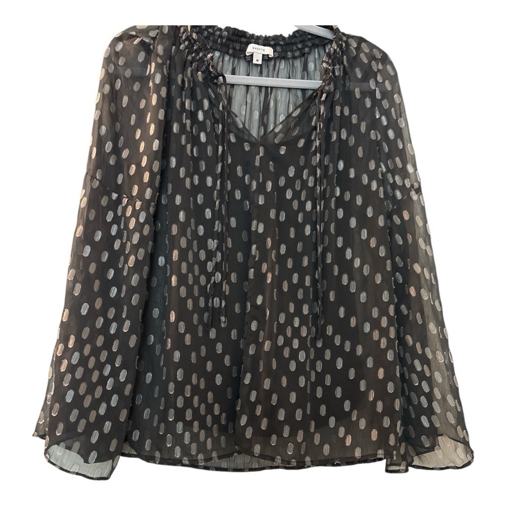 MAETTE blouse, size Medium, black semi sheer , attached camisole. Bell sleeves
